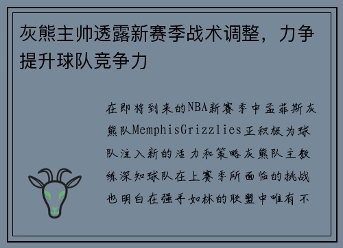 灰熊主帅透露新赛季战术调整，力争提升球队竞争力