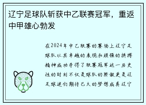 辽宁足球队斩获中乙联赛冠军，重返中甲雄心勃发
